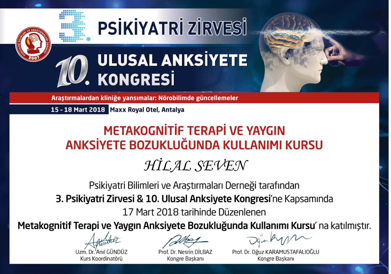 Metakognitif Terapi ve Yaygın Anksiyete Bozukluğunda Kullanımı Kursu — Katılım Belgesi